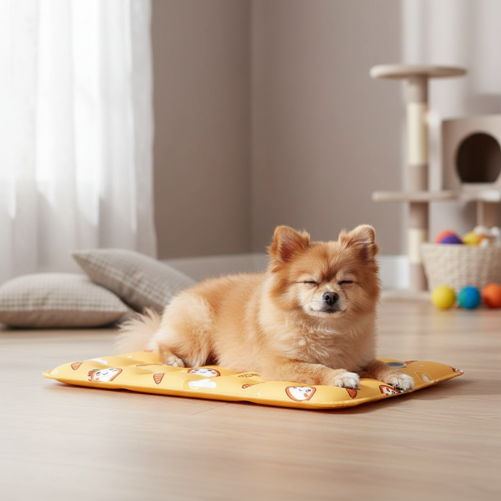 toutou sur tapis rafraichissant pour chien en gel jaune