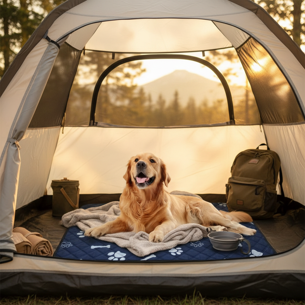 toutou sur tapis rafraichissant pour chien xxl dans une tente
