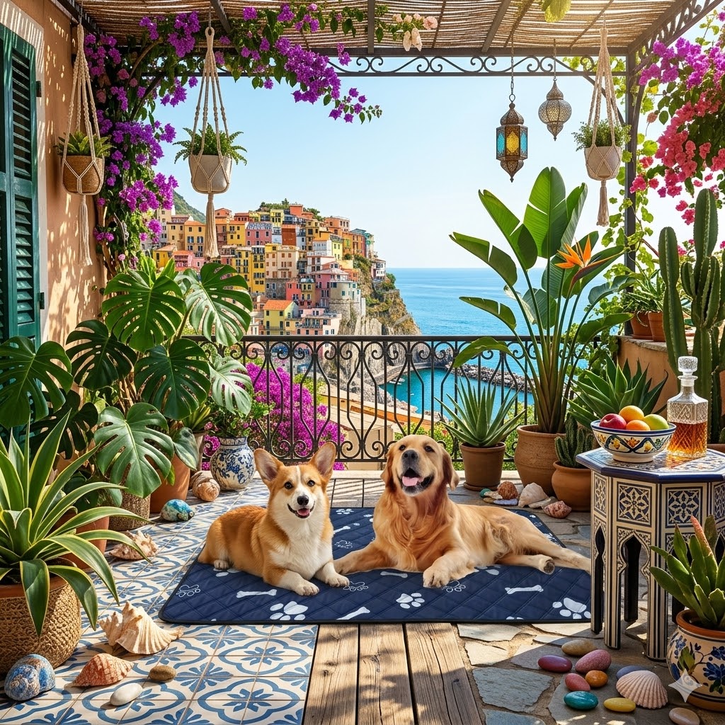toutous sur tapis rafraichissant pour chien xxl sur la terrasse